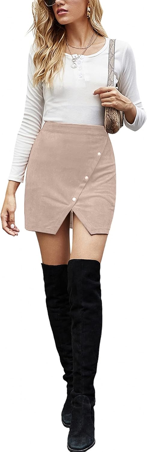 Medium Women's Faux Suede High Waist Button A-Line Mini Pencil Skirt in Beige