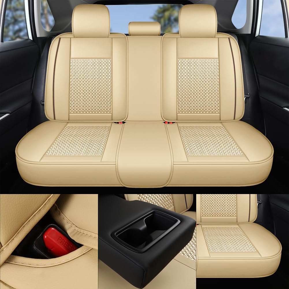 Full Set Beige Leather Car Seat Covers, Breathable and Universal Fit for Sedan, SUV, Coupe - With Lumbar Support