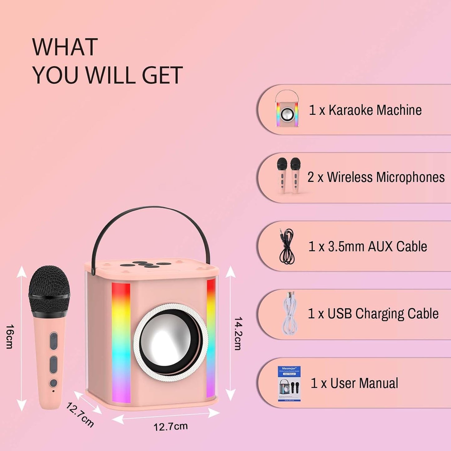 Pink Portable Bluetooth Karaoke Machine with Dynamic Lights & Dual Wireless Mics - Ideal for Home Parties