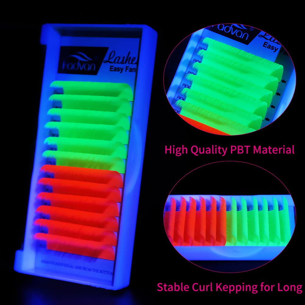Glow in the Dark Neon Lash Extensions: 0.07mm D Curl 18mm, Pink & Green Fluorescent Volume Eyelashes for Stunning Looks
