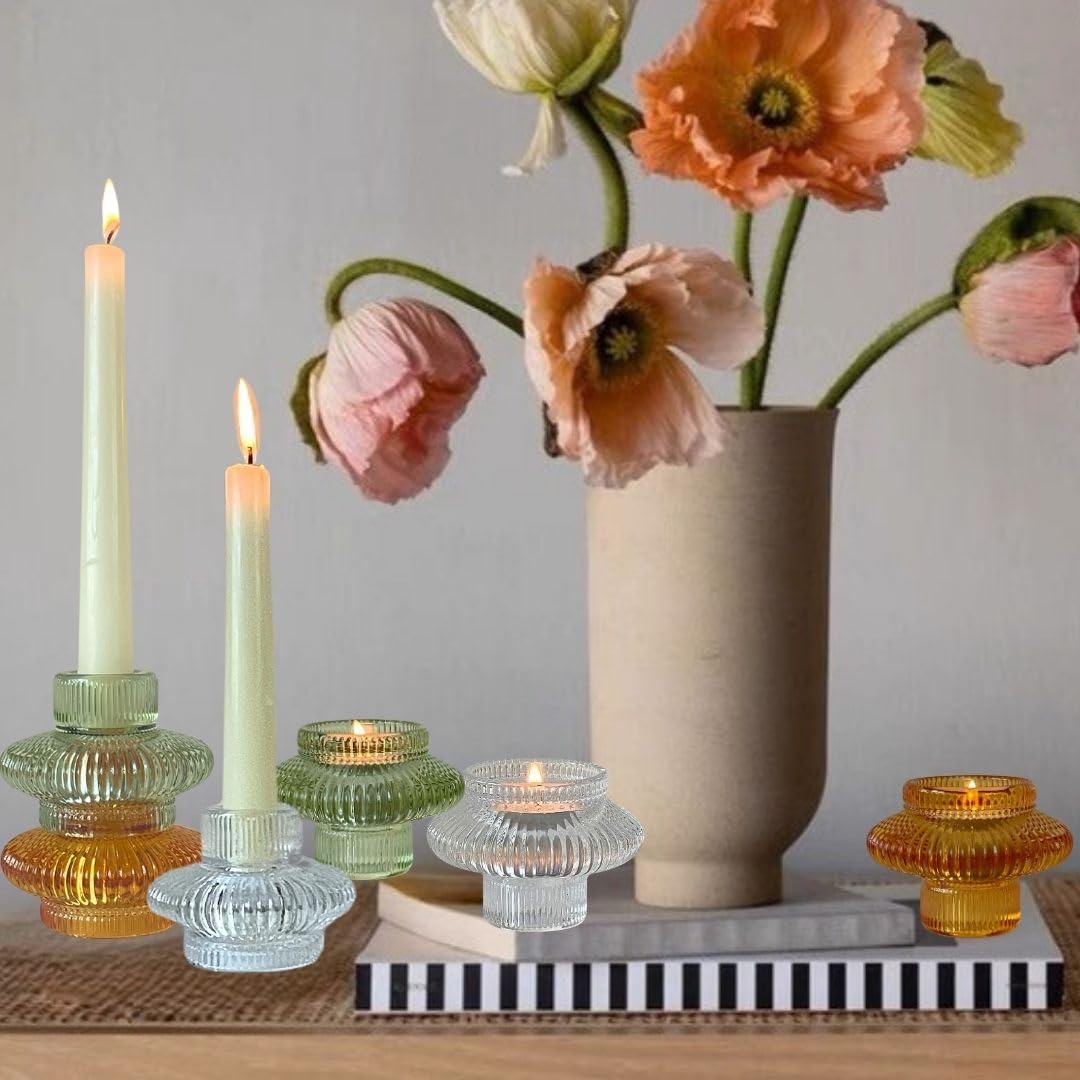 Dual-Sided Clear Glass Candlestick Holders for Tapered & Tealight Candles - Ideal for Weddings & Home Decor
