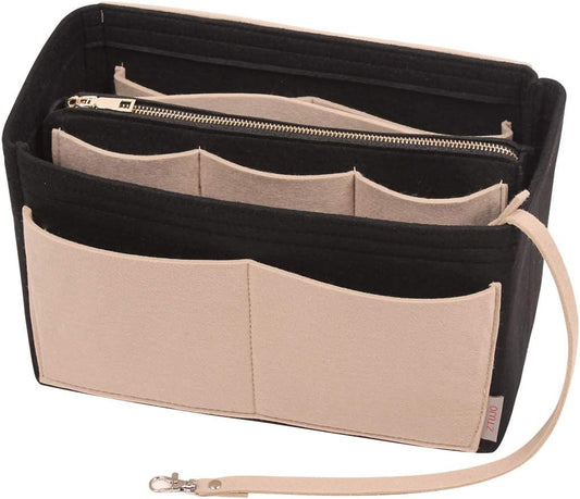 Medium Size Maximize Handbag Functionality: Felt Organizer Insert with Metal Zipper for Tote and Speedy Bags - Beige and Black