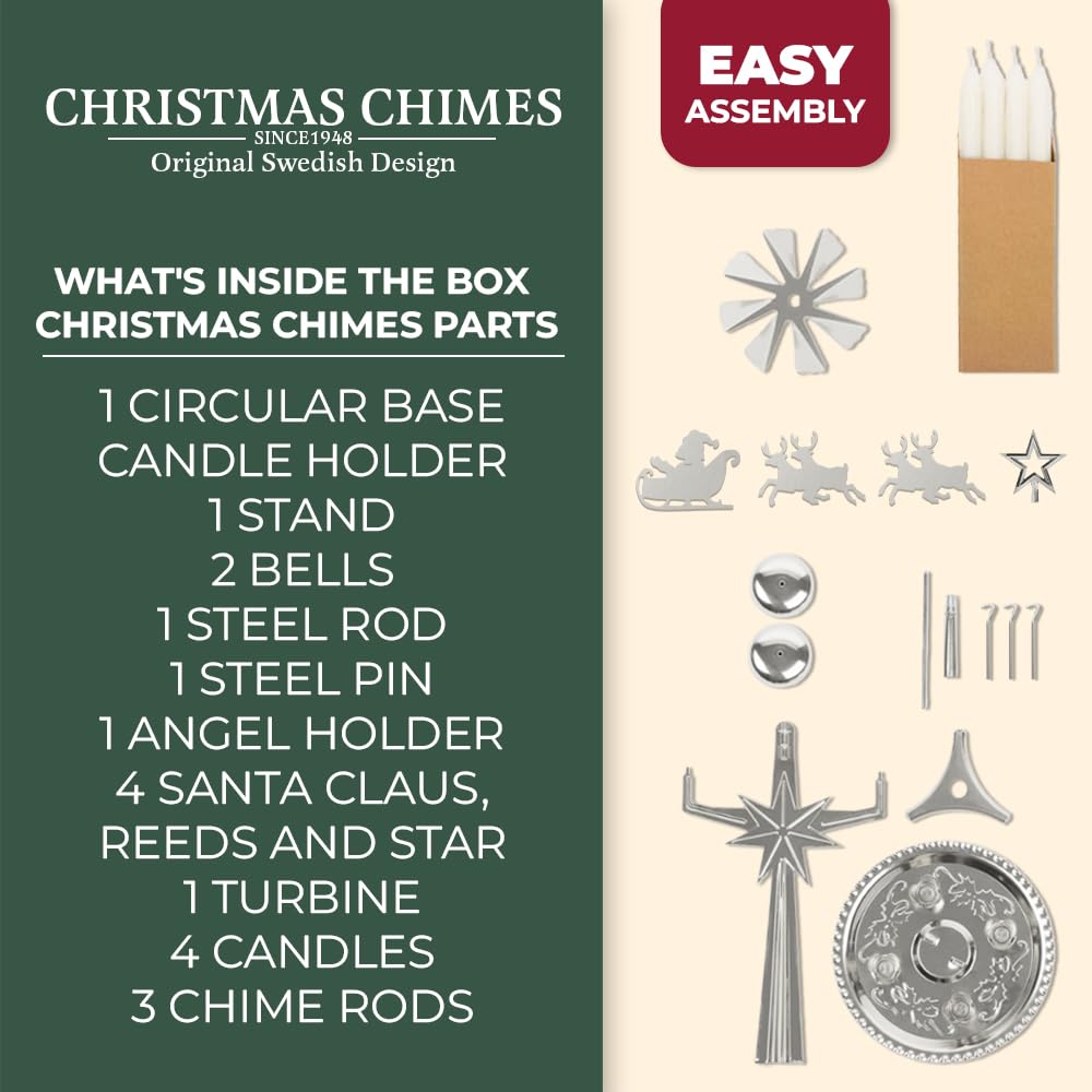 Original Swedish Angel Chimes - Silver Spinning Christmas Candle Carousel with 4 Candles
