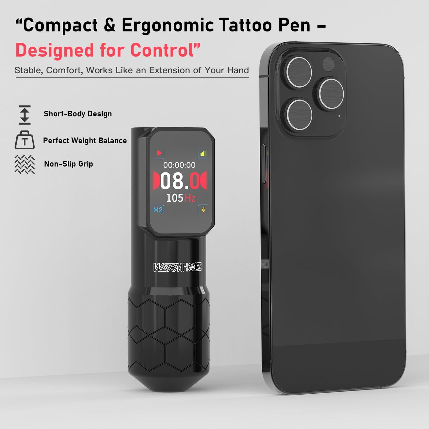 Wireless Tattoo Machine with 1500mAh Battery - Aluminum Alloy Smart Tattoo Pen with Dot Work Mode - Black