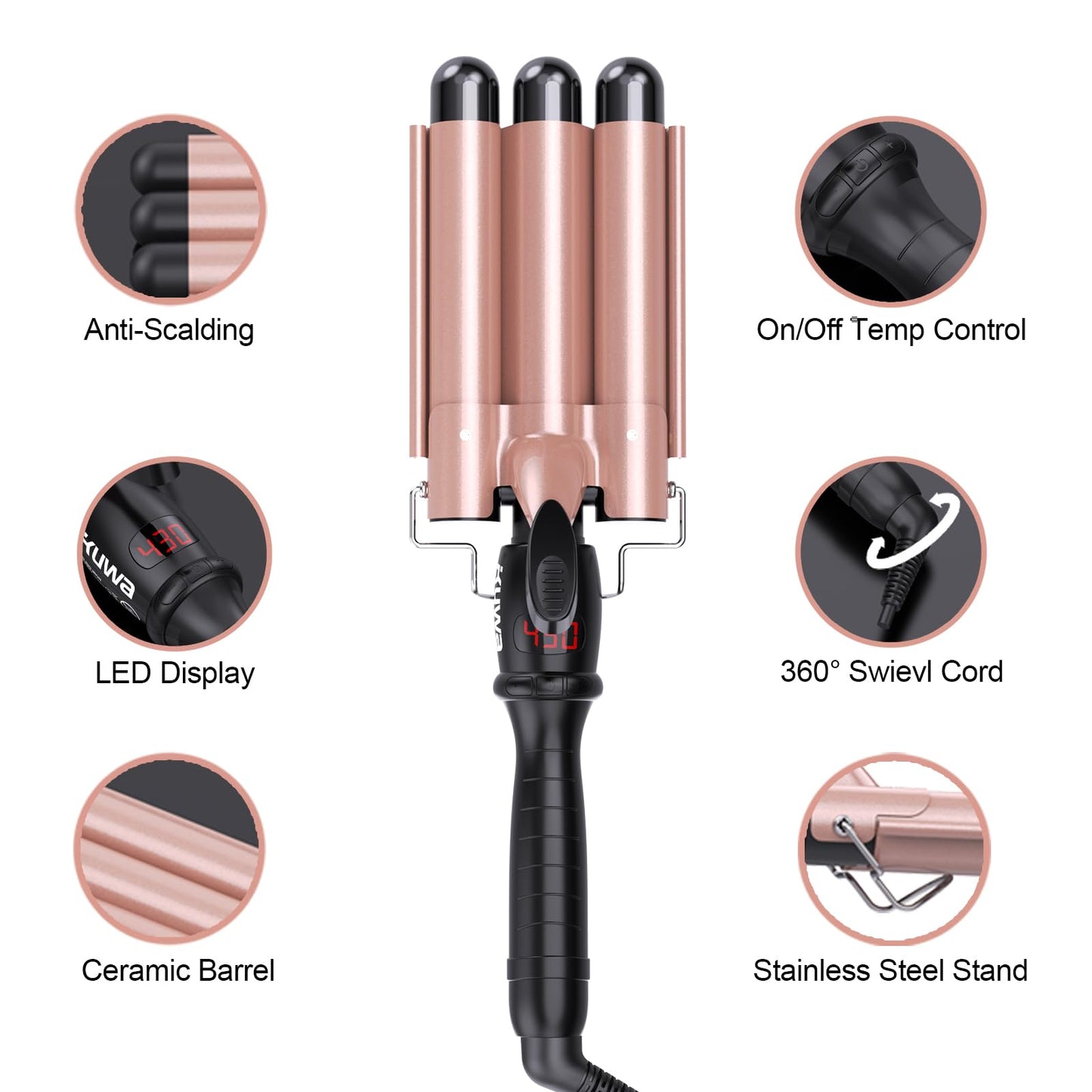 3 Barrel Curling Iron Hair Waver and Crimper with LCD Display - Adjustable Temperature 180°F to 430°F for Long Lasting Beach Waves