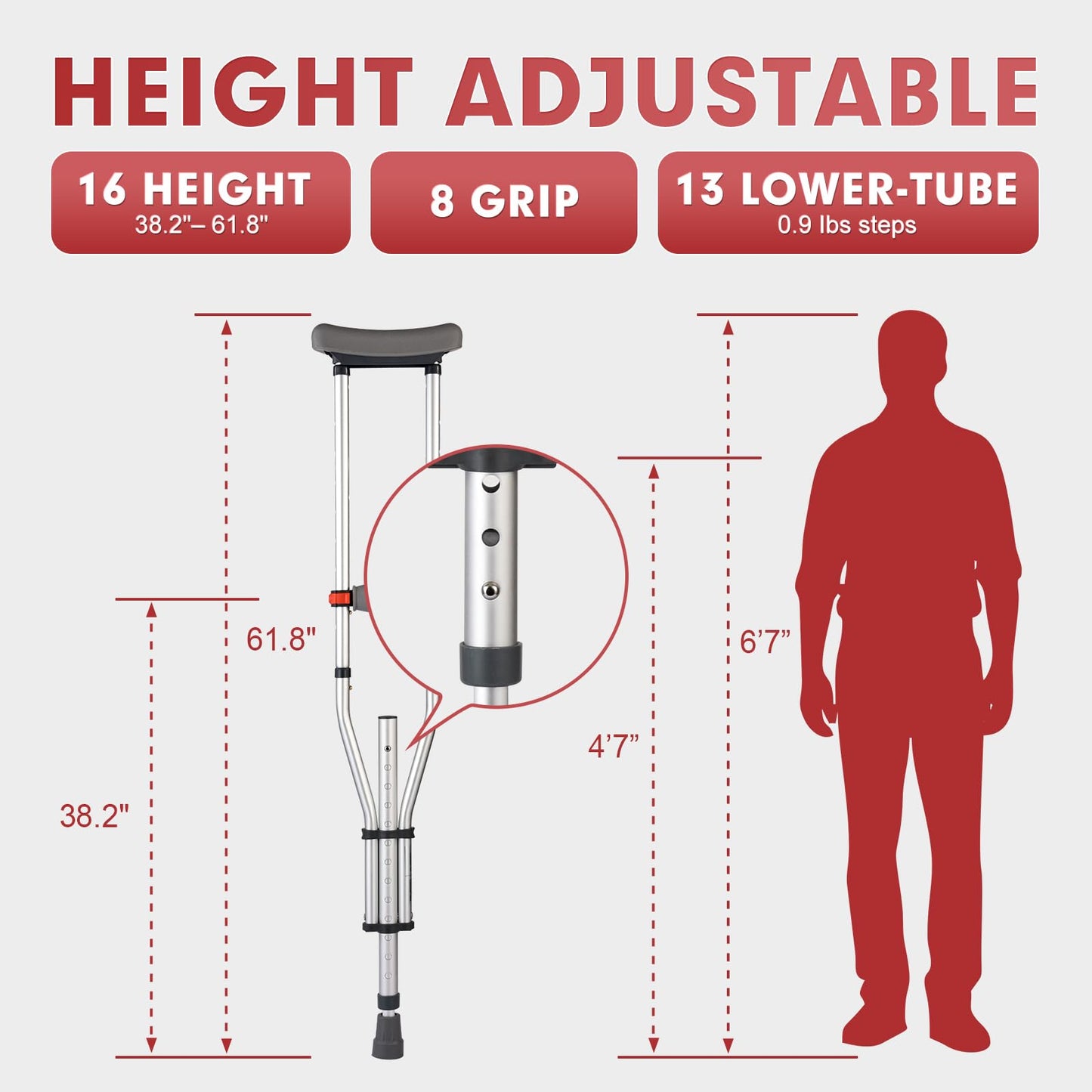 Aluminum Underarm Crutches for Adults and Seniors, Adjustable Height 38.2-61.8 Inches, Lightweight 2 lb Each, 300 lb Capacity Pair