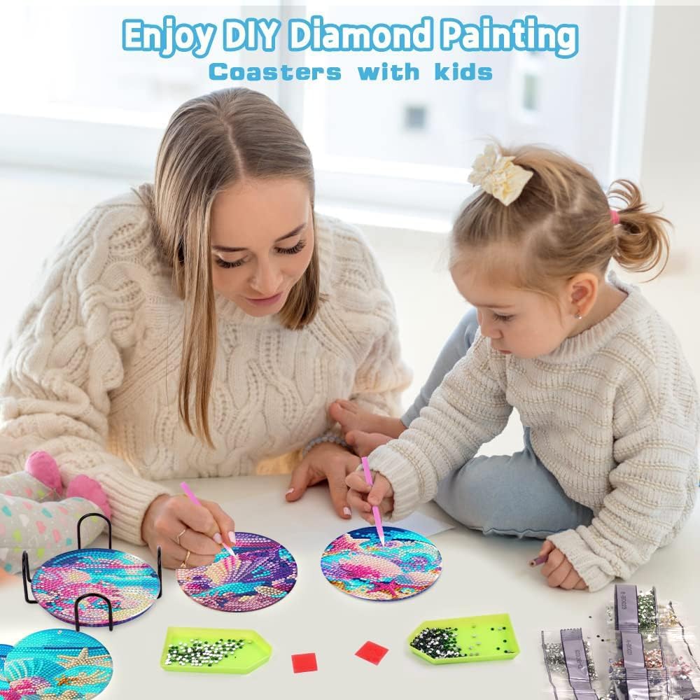 8pk Beach Shell Landscape Diamond Painting Coasters Beginners Kit w/ Holder