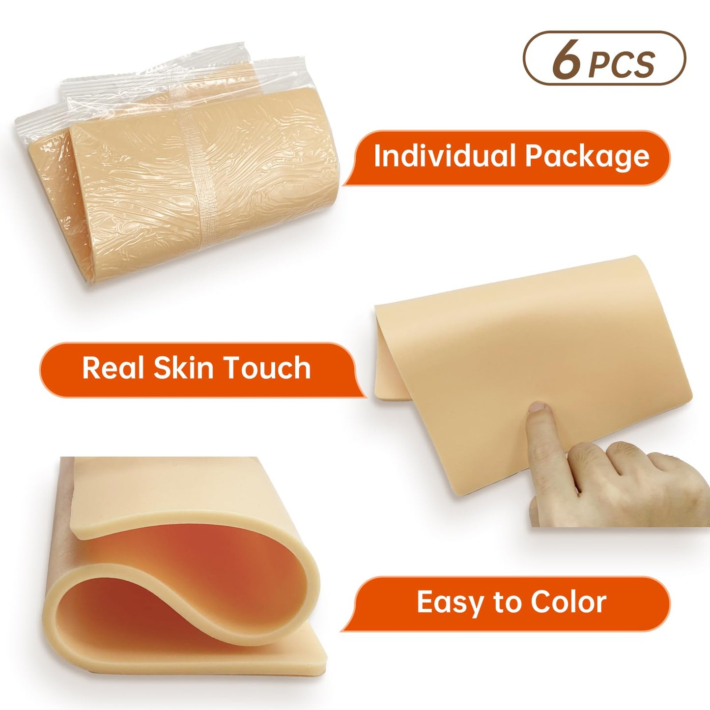 6-Pack 3mm Tattoo Practice Skin - 12x8 inch Double Sided Silicone Fake Skin Sheets