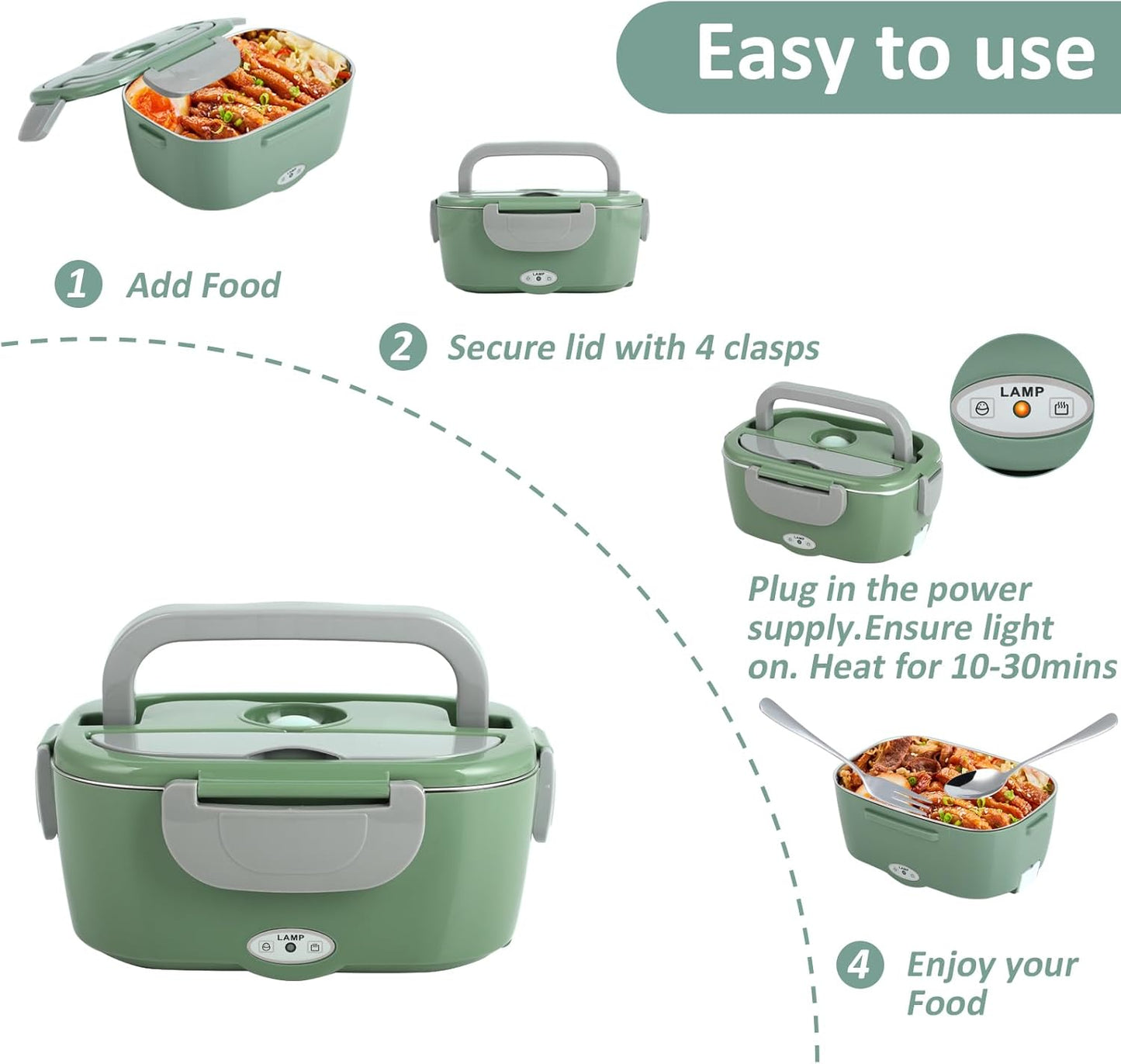 Heated Lunch Box with Fast 100W Heating, Portable for Cars, Trucks & Office - Green