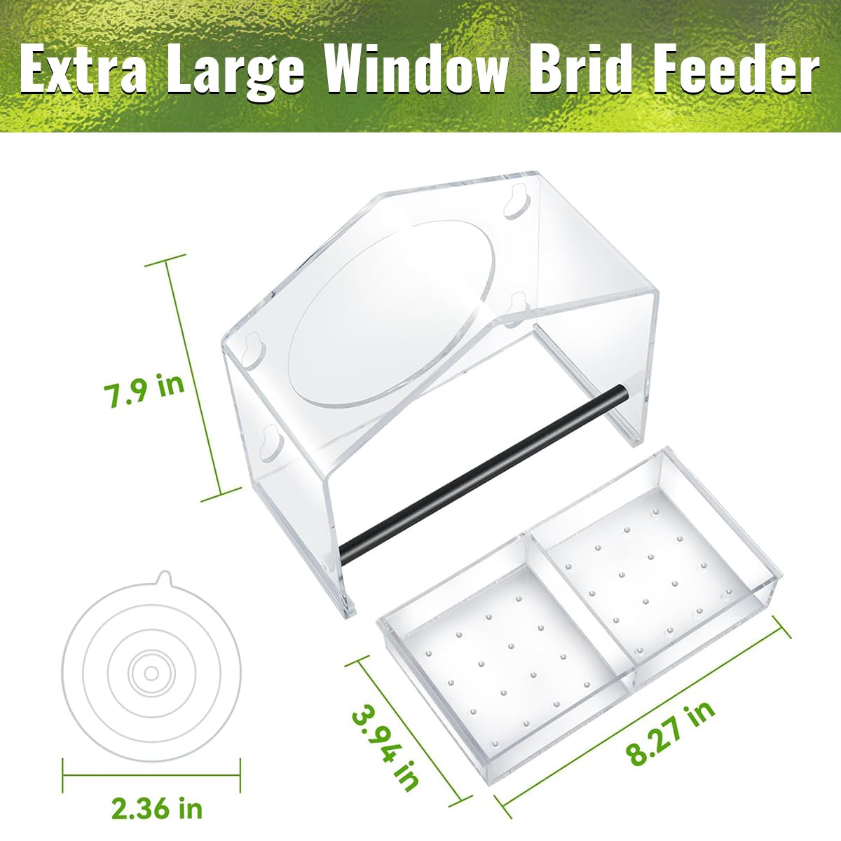 Clear Window Bird Feeder with Strong Suction Cups, Acrylic Viewing Feeder for Cats, Large Clear Window, Removable Sliding Seed Tray with Drainage, Easy to Clean and Refill
