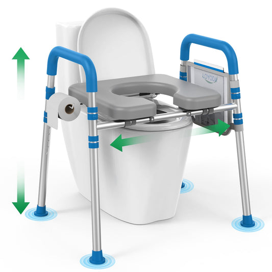 Raised Toilet Seat with Handles and Padded Seat, Adjustable Height and Width Toilet Riser for Seniors, 500lb Capacity