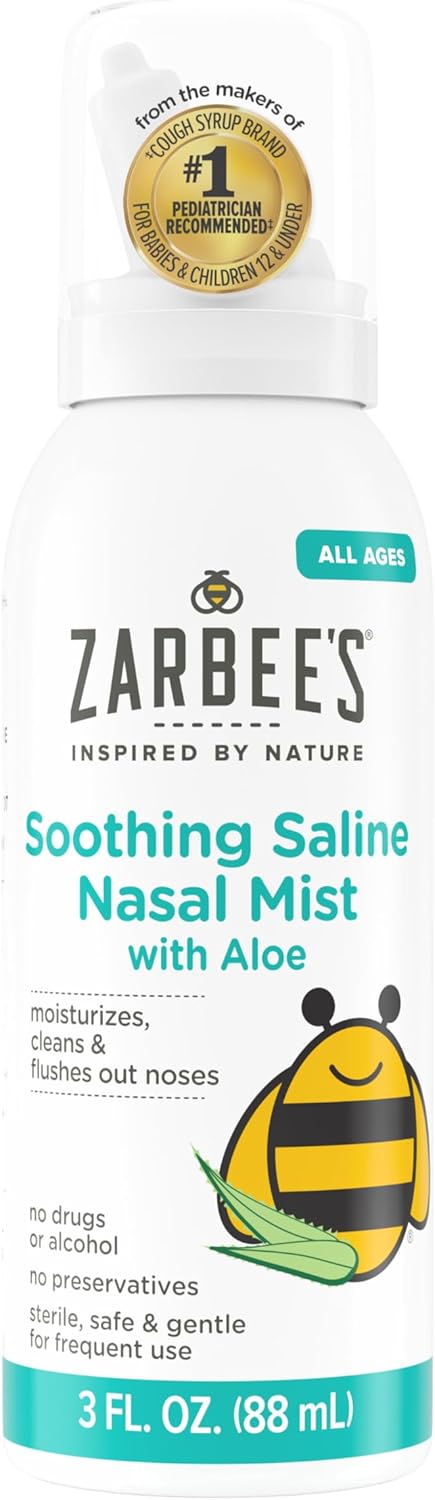 Zarbee's Baby Nasal Saline Spray with Aloe for Newborns & Kids, Soothes & Cleanses, 3 Fl Oz