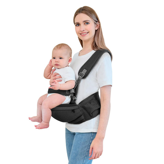 Baby Hip Carrier with Safety Strap, Ergonomic Hip Seat Toddler Carrier for 7-45 lbs (3.2-20.4 kg), Adjustable Waistband, Large Pockets, Black