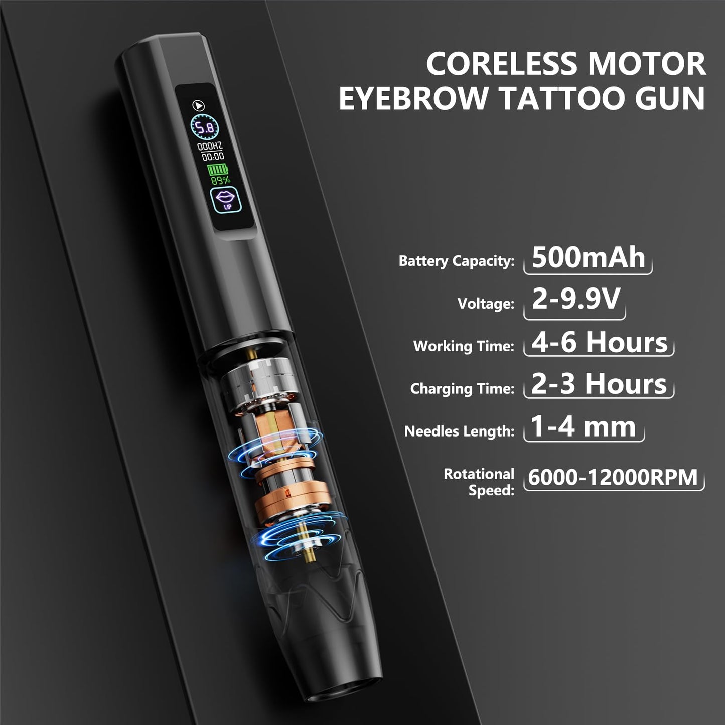 Wireless Microblading Tattoo Pen Kit with Digital LED Display, 2 x 500mAh Batteries, 20 Needles, Practice Skins, Eyebrow Inks, Beginner Supplies, Black