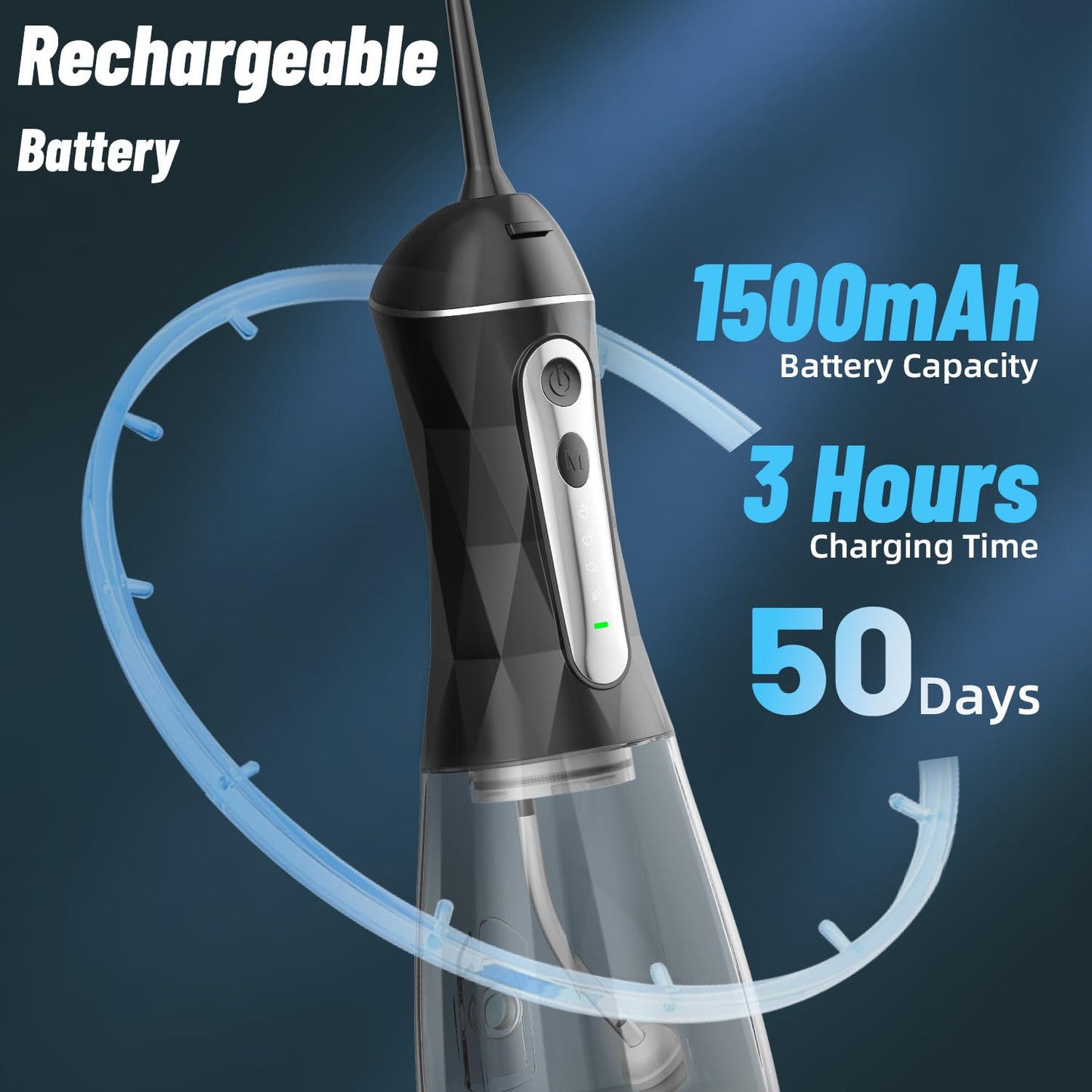 Portable Cordless Water Dental Flosser, 320ML Rechargeable Oral Irrigator, IPX7 Waterproof Teeth Cleaner with 5 Nozzles - Black