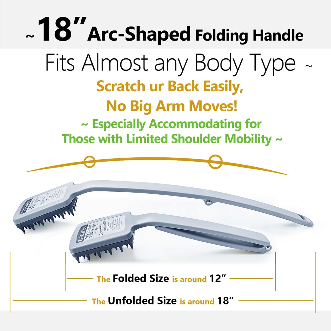 Folding Back Scratcher with Replaceable Heads and 18-Inch Arc Handle