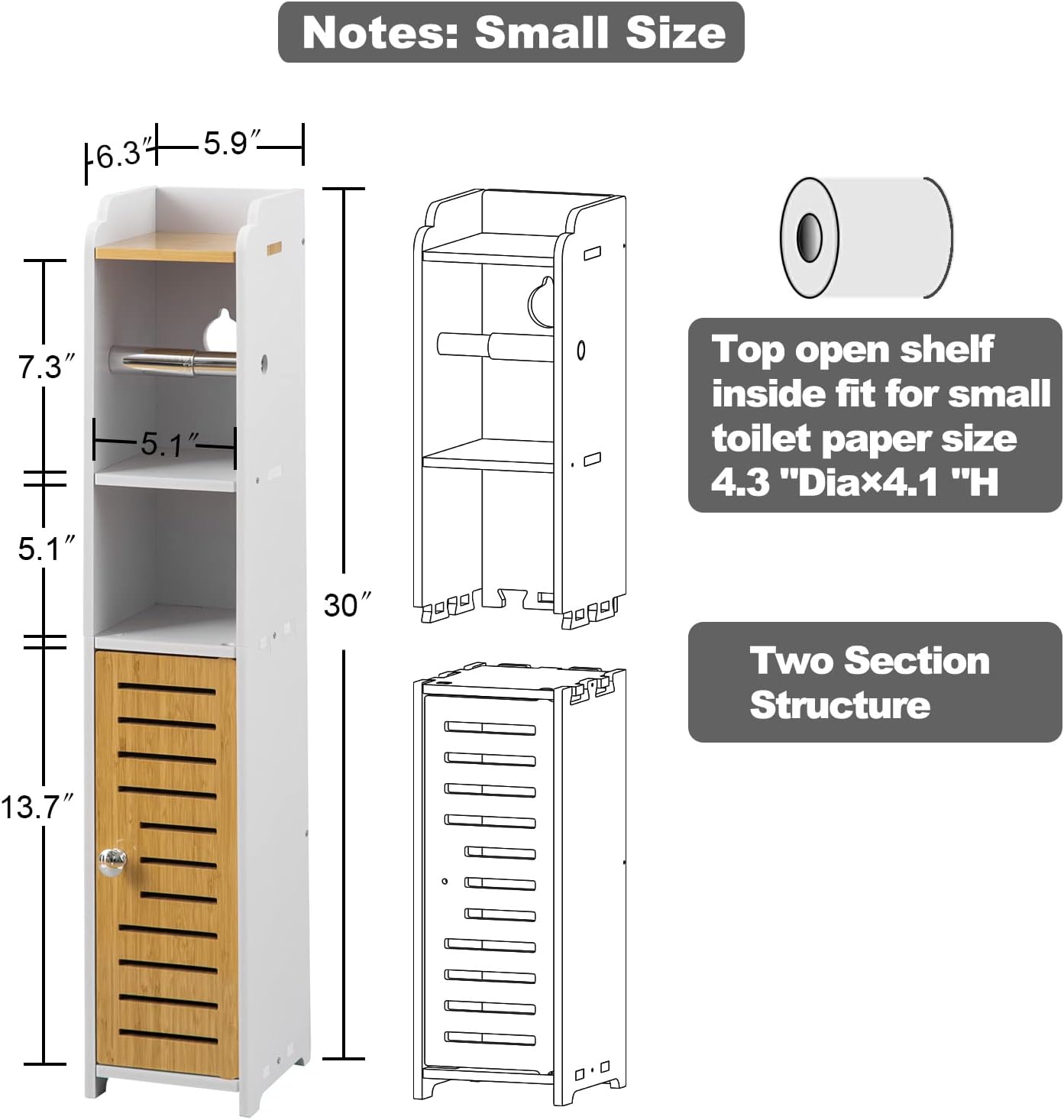 Small Bathroom Storage Cabinet with Toilet Paper Holder – White Bamboo Design
