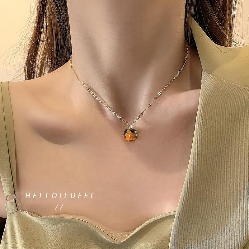 Dainty Persimmon Fruit Necklace and Earrings, Glazed Glass Gift for Women
