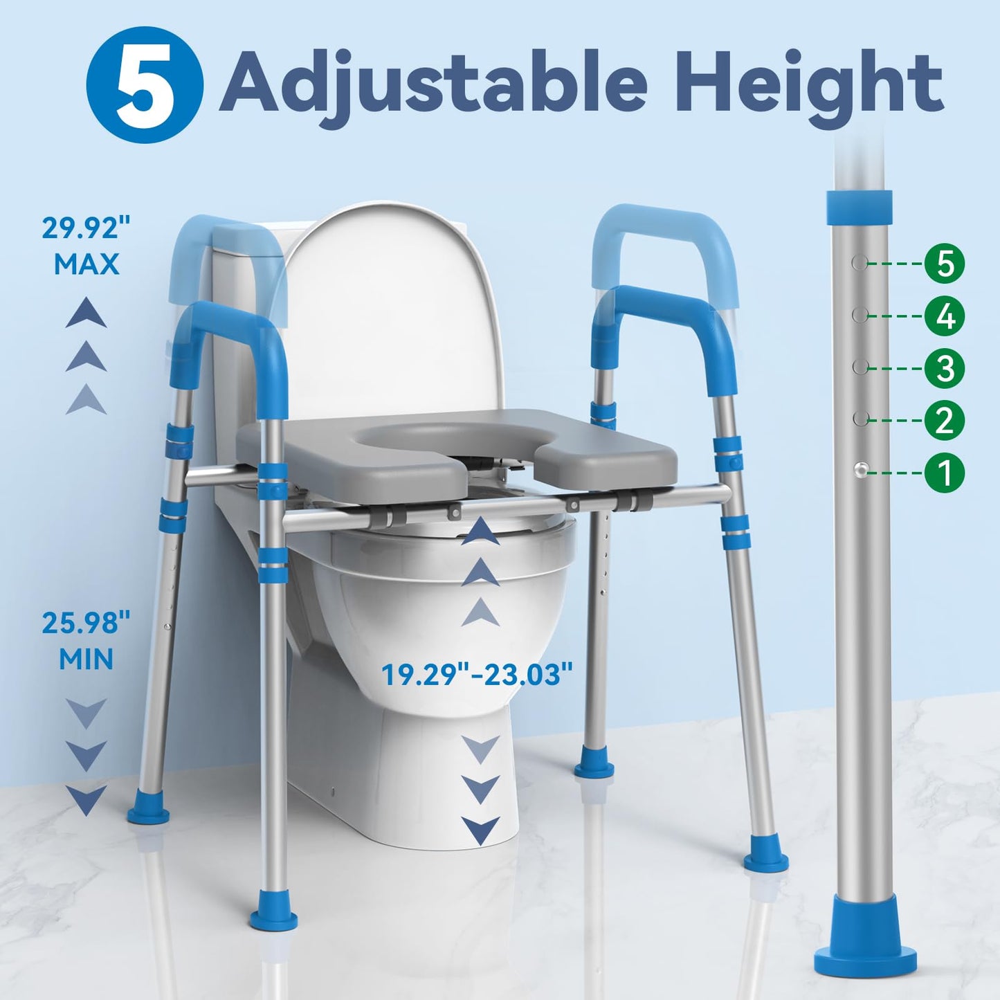 Raised Toilet Seat with Handles and Padded Seat, Adjustable Height and Width Toilet Riser for Seniors, 500lb Capacity