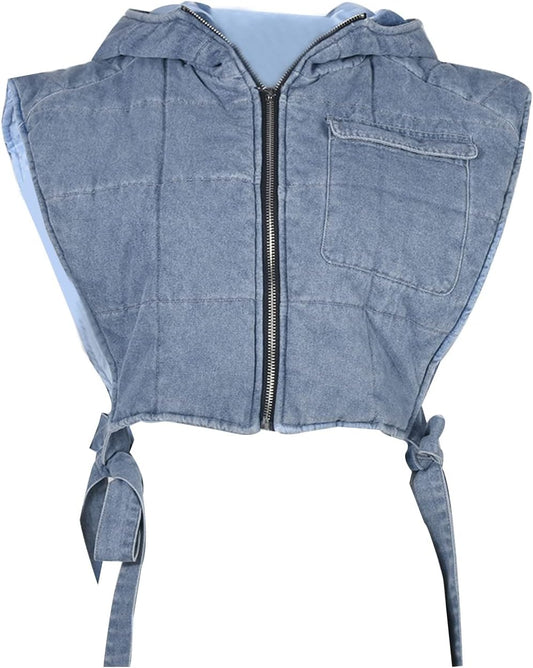 Light-Blue Womens Small Cropped Puffer Vest with Hood, Sleeveless Jean Bubble Coat