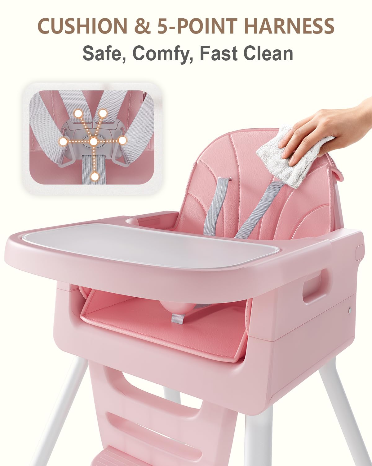 Foldable Baby High Chair with Removable Tray and 5-Point Safety Harness, White with Pink Cushion