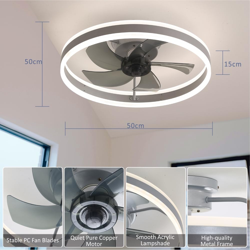 Ceiling Fan with Lights and Remote, 19.7 x 19.7 x 5.9 in (50 x 50 x 15 cm), Dimmable LED, 3 Color Temps, 6 Speeds, Reversible, Flush Mount