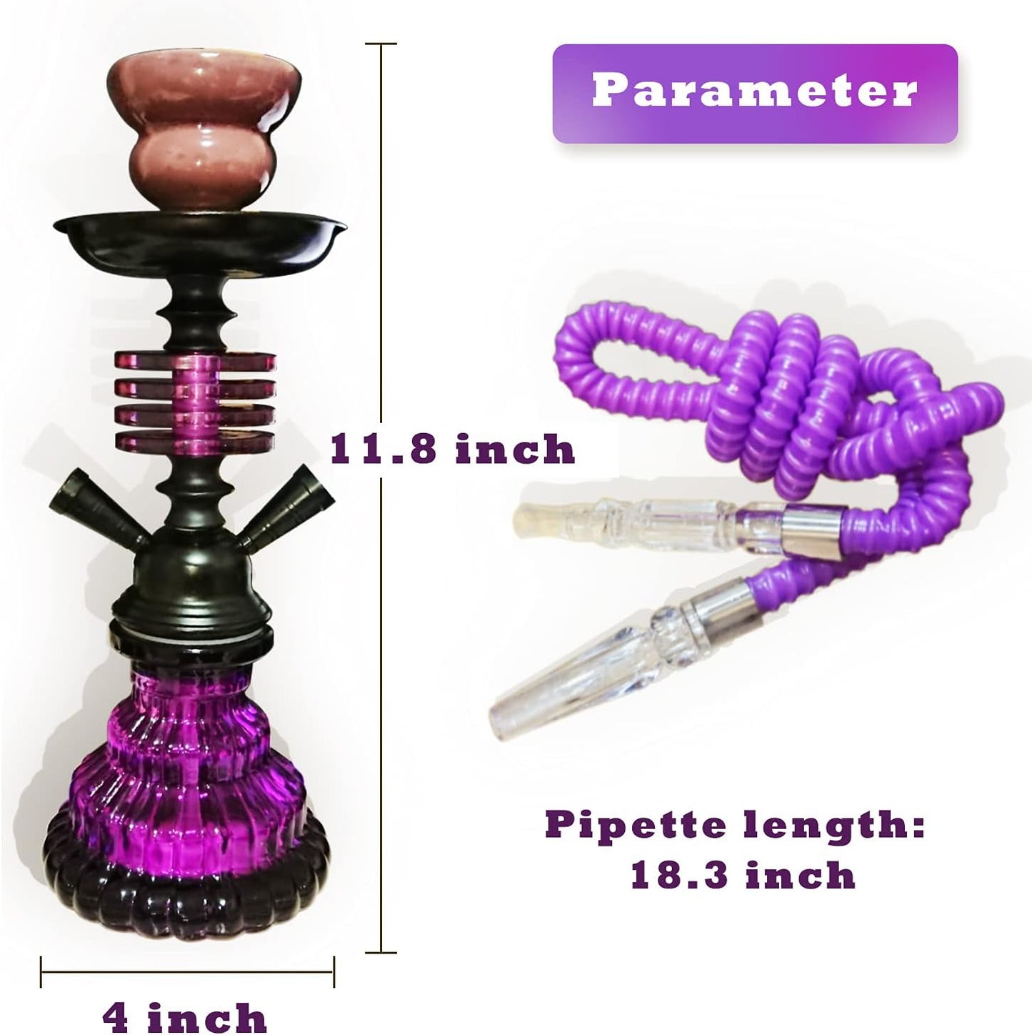 Complete 11" Hookah Set with 2 Hoses, Glass Vase, and Easy Carry Design - Enjoy Anywhere