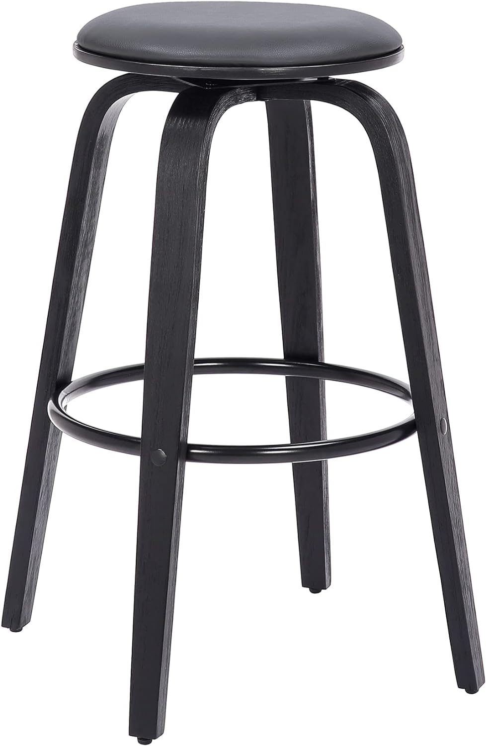Sleek 30" Bar Height Swivel Stool in Grey Faux Leather & Black Wood - Mid-Century Modern, Backless Design with 360-Degree Swivel
