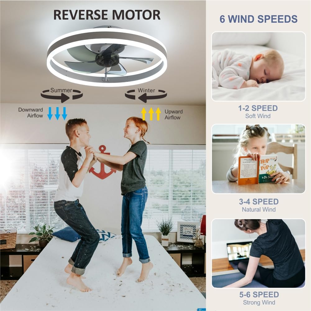 Ceiling Fan with Lights and Remote, 19.7 x 19.7 x 5.9 in (50 x 50 x 15 cm), Dimmable LED, 3 Color Temps, 6 Speeds, Reversible, Flush Mount