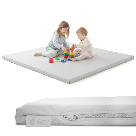 Thick Baby Play Mat - 50 x 50 x 1 Inch Rollable Foam Floor Mat for Tummy Time & Crawling - Grey