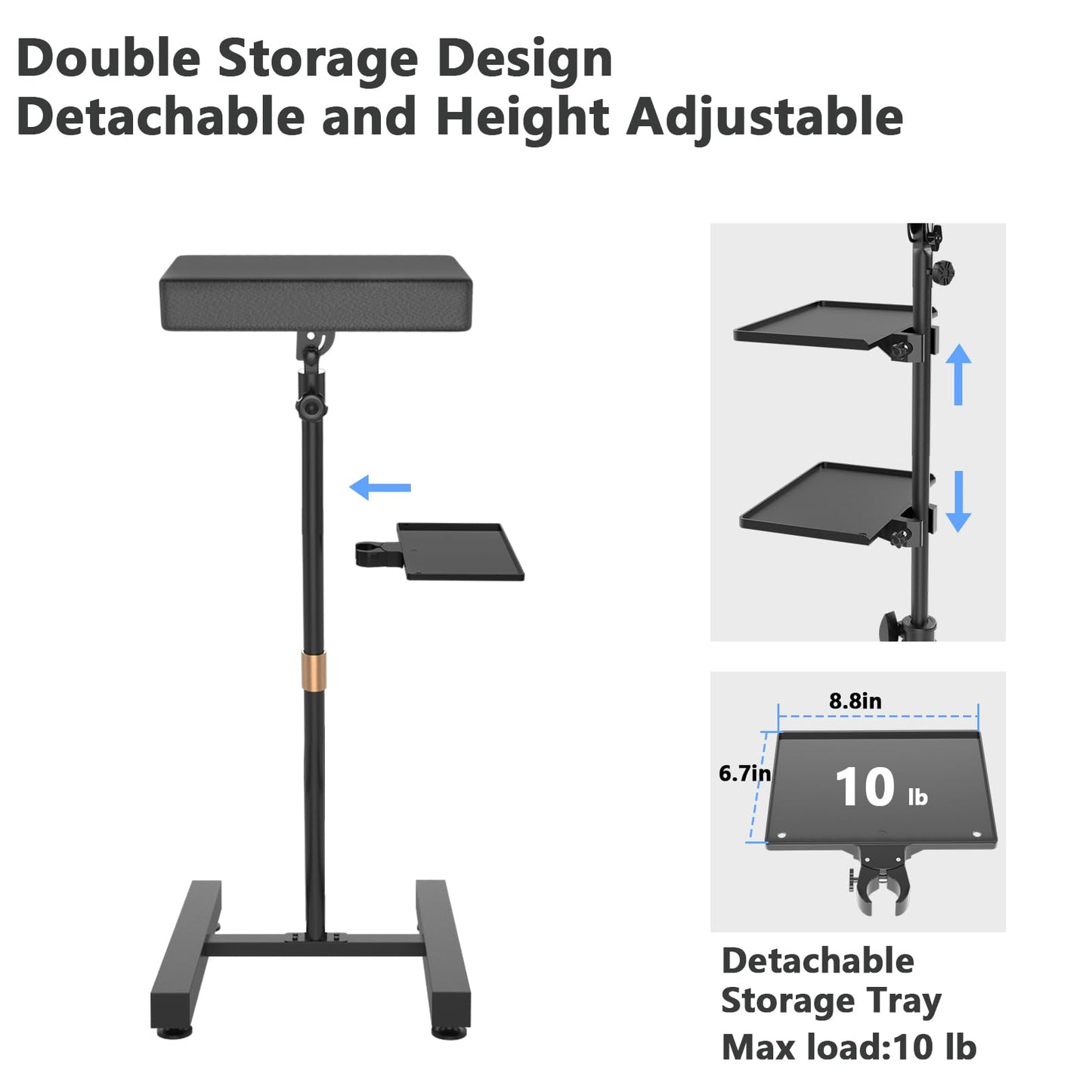 Professional Adjustable Tattoo Armrest Stand with Storage Tray and Tool Bucket - Heavy Duty H-Base for Studio Use