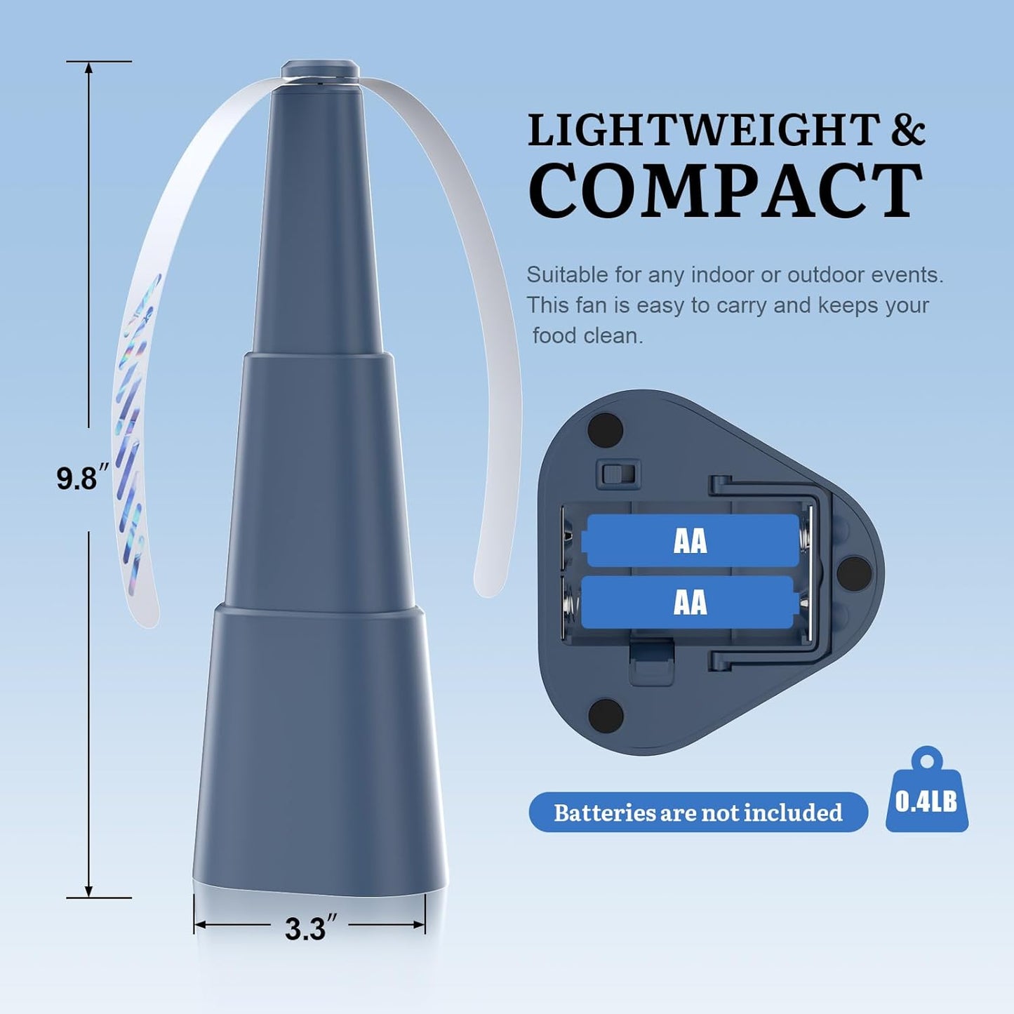 Portable Food Fan for Tables - 2 Pack, Battery Powered, Quiet & Safe for Parties, Picnics, & Patios - Navy Blue