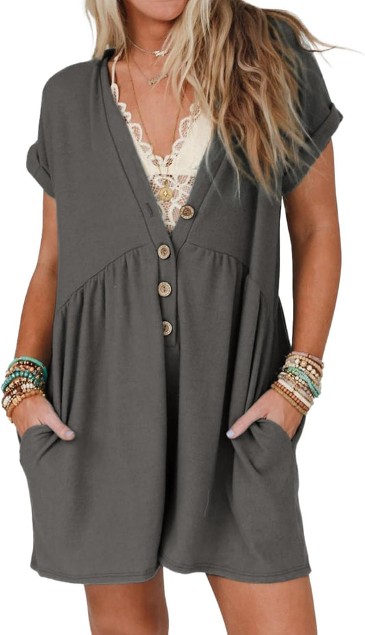 Large Dark Gray Maternity Romper for Women: Casual V-Neck Wide Leg Jumpsuit for Summer