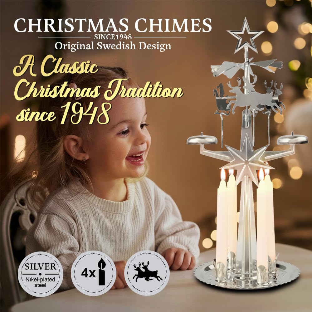Original Swedish Angel Chimes - Silver Spinning Christmas Candle Carousel with 4 Candles