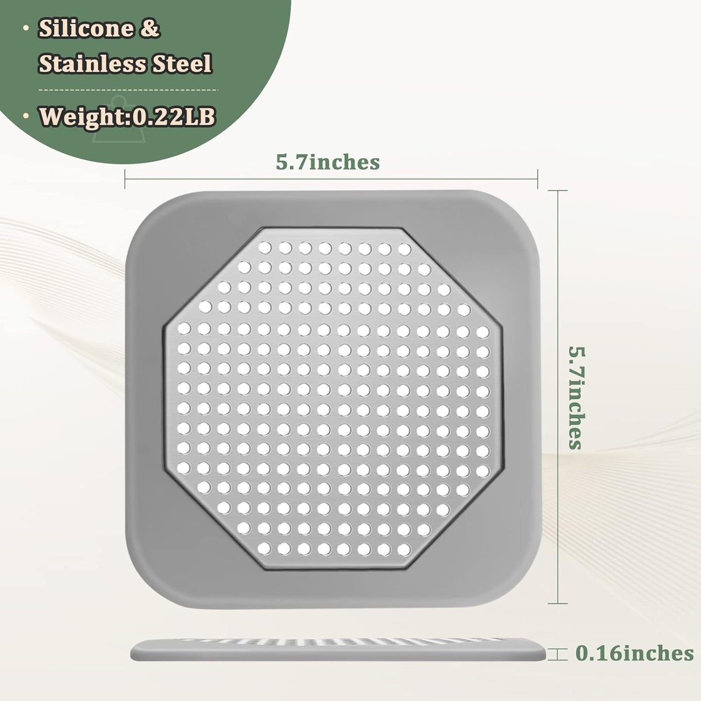 Durable 5.7-inch Square Shower Drain Hair Catcher with Silicone & Stainless Steel - Easy Install, Prevents Clogs