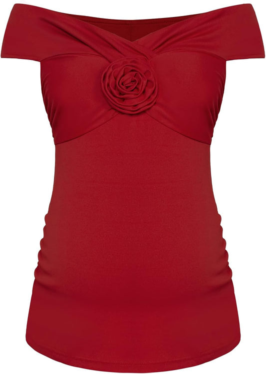 Chic Red XL Maternity Off Shoulder Top with 3D Flowers and Side Ruching - Fits Throughout Pregnancy
