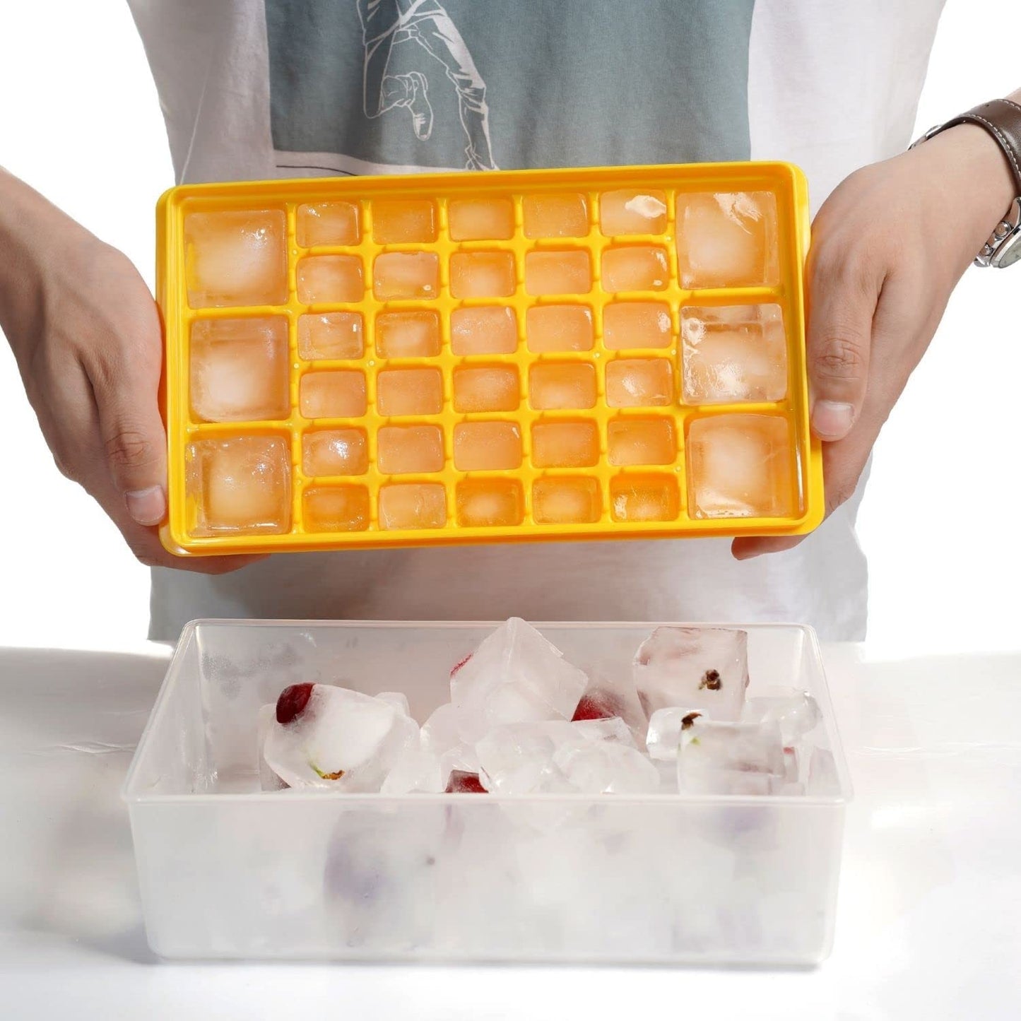 Yellow 36 Slot (6 Large, 30 Small) Ice Cube Tray w/ Lid, Bin, Scoop, & Cover