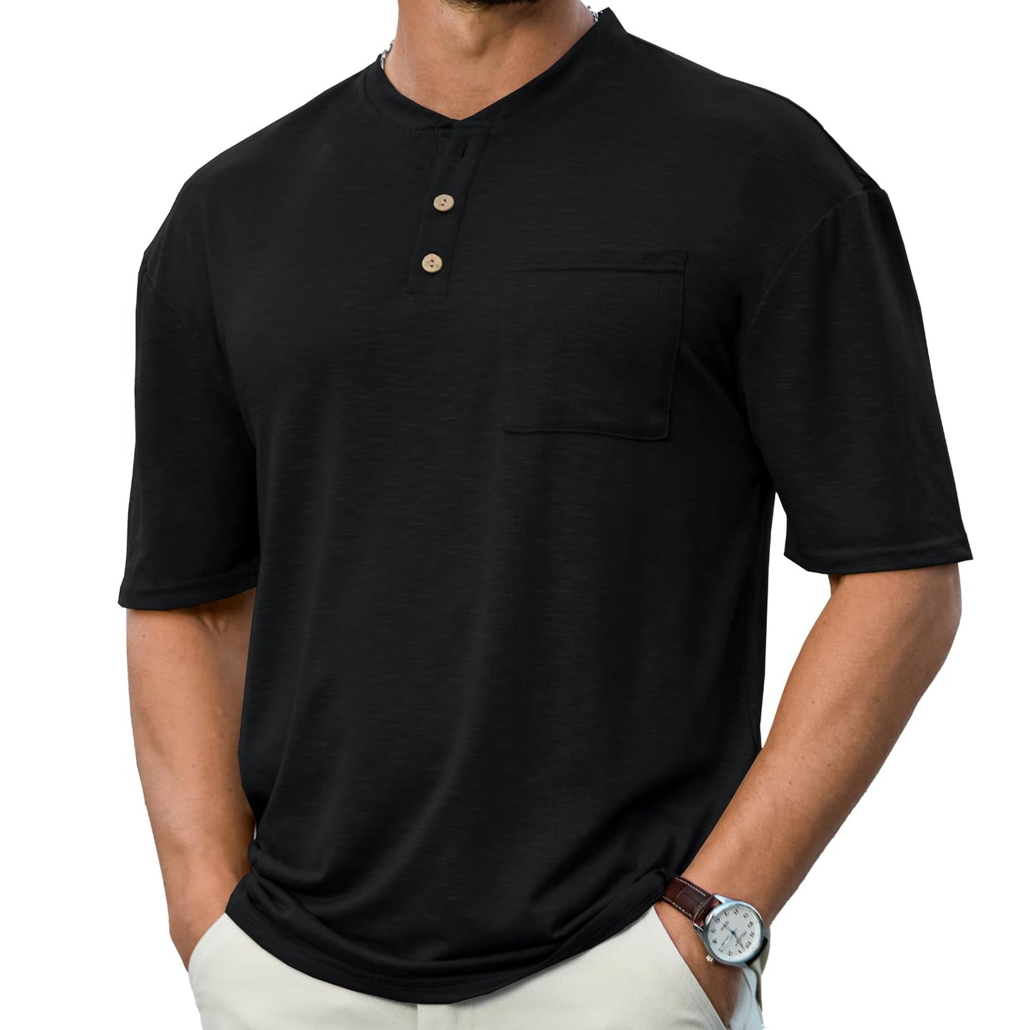 Men's 3XL Black Henley Short Sleeve Shirt Casual Lightweight Button Pocket T-Shirt Breathable Stretch Summer Basic Tee for Work Golf Vacation