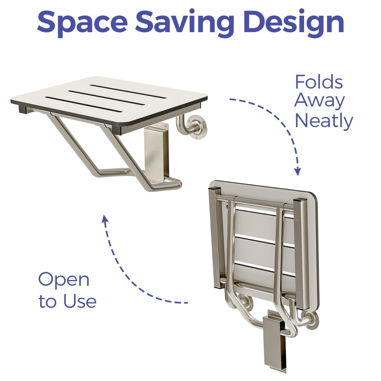 ADA Compliant White Folding Shower Seat Bench, 18 x 16 Inch Wall Mount Phenolic Bathroom Chair, 400 lb Capacity