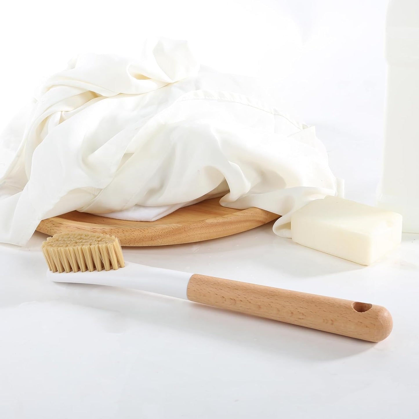 Ergonomic Wood Laundry Brush with Soft Bristles for Effective Stain Removal on Clothes and Shoes