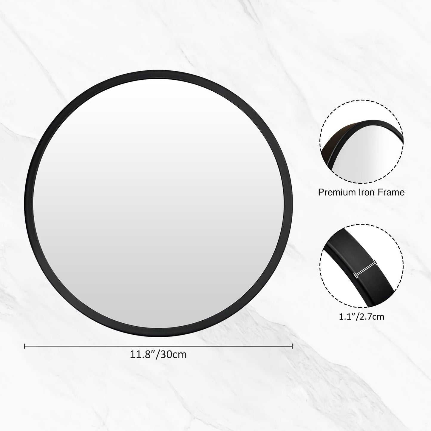 12 in (30 cm) Round Wall Mirror, Matte Black Metal Frame Circle Vanity Mirror, HD 4mm Anti-Distortion Glass, Mounting Hardware Included, Multi-Room Decor