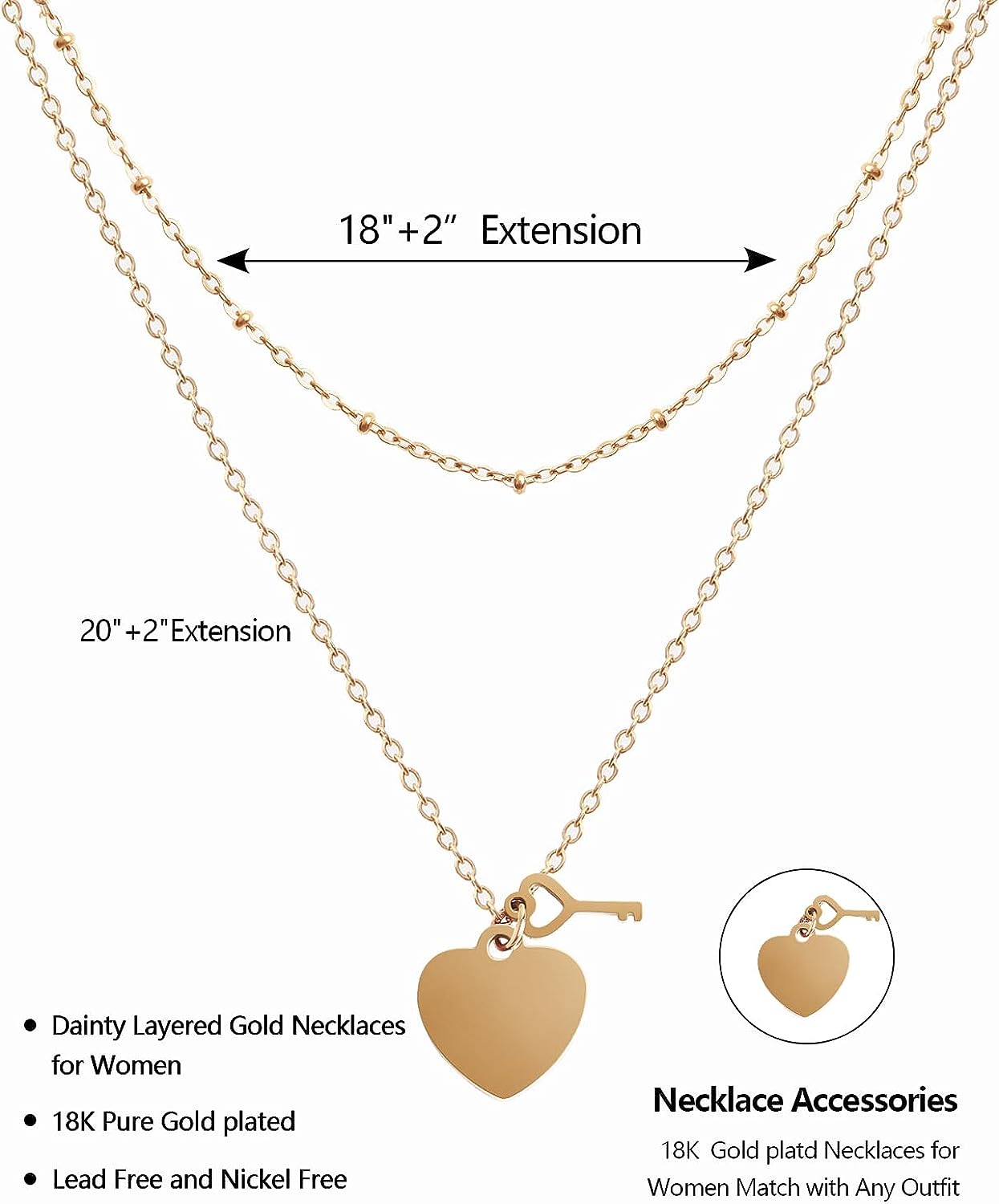 20"+2" 18K Gold Plated Heart Key Pendant Necklace w/ 18"+2" Choker