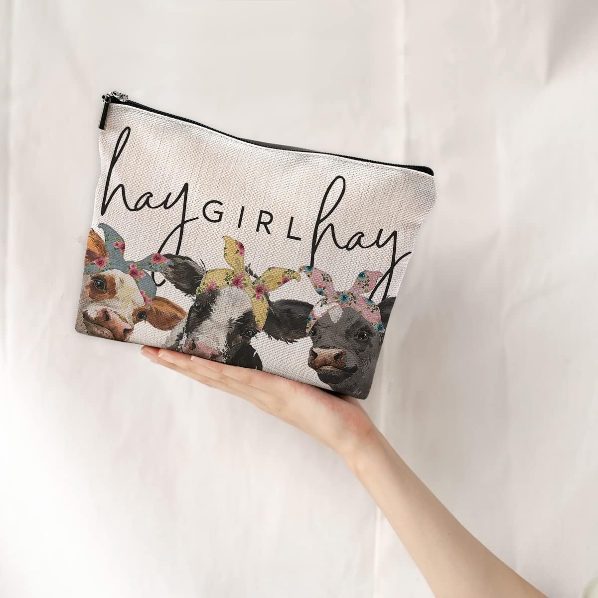 Premium Linen Cosmetic Bag for Women, Ideal for Travel & Daily Use, Colorful Cow Print