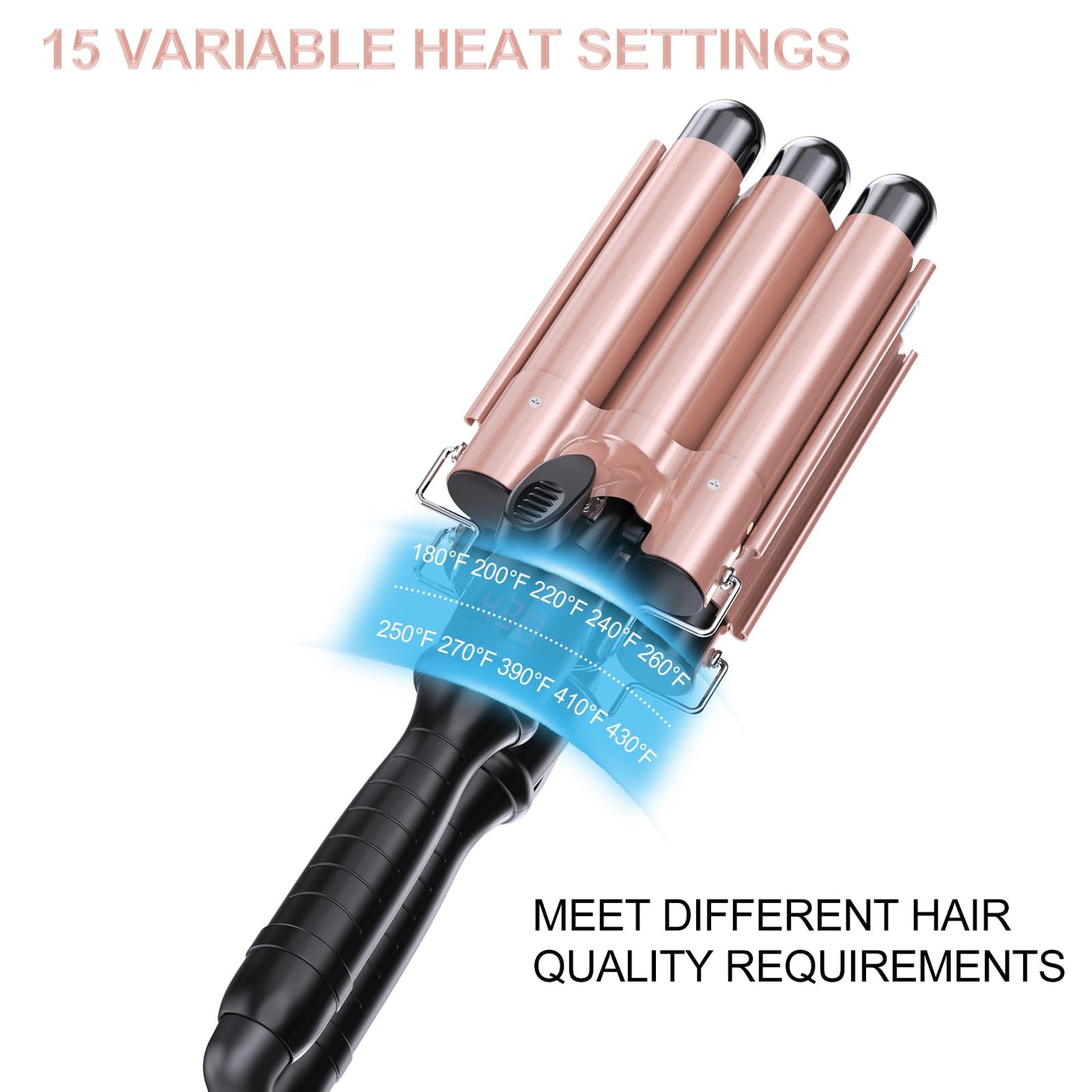 3 Barrel Curling Iron Hair Waver and Crimper with LCD Display - Adjustable Temperature 180°F to 430°F for Long Lasting Beach Waves