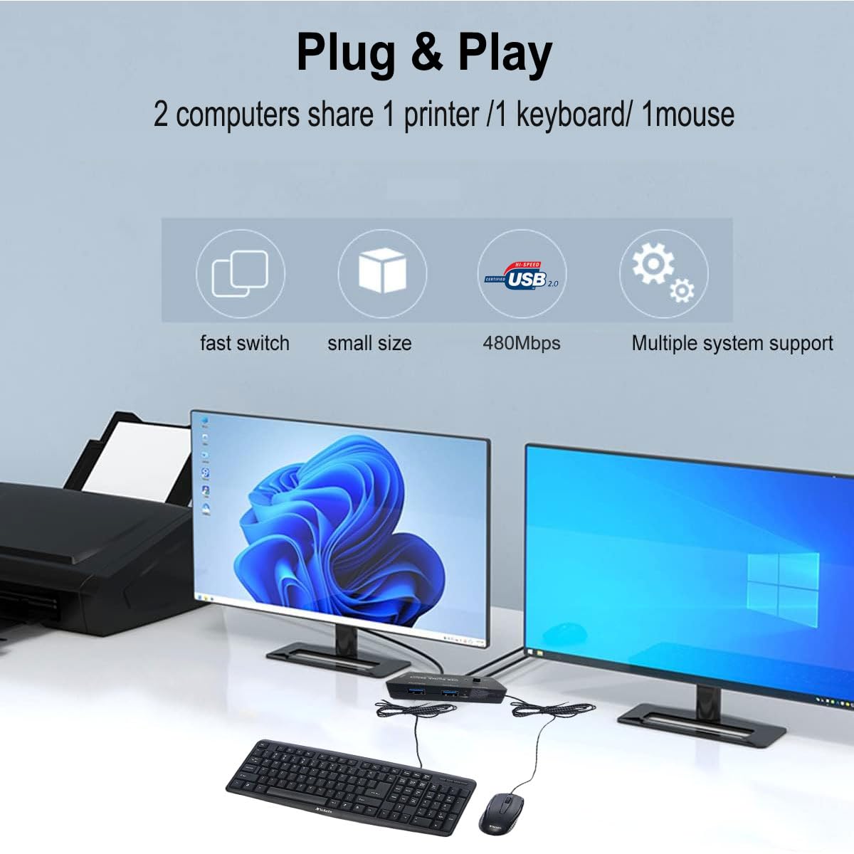 USB Switch 2 in 4 Out Selector for Sharing Devices between 2 Computers