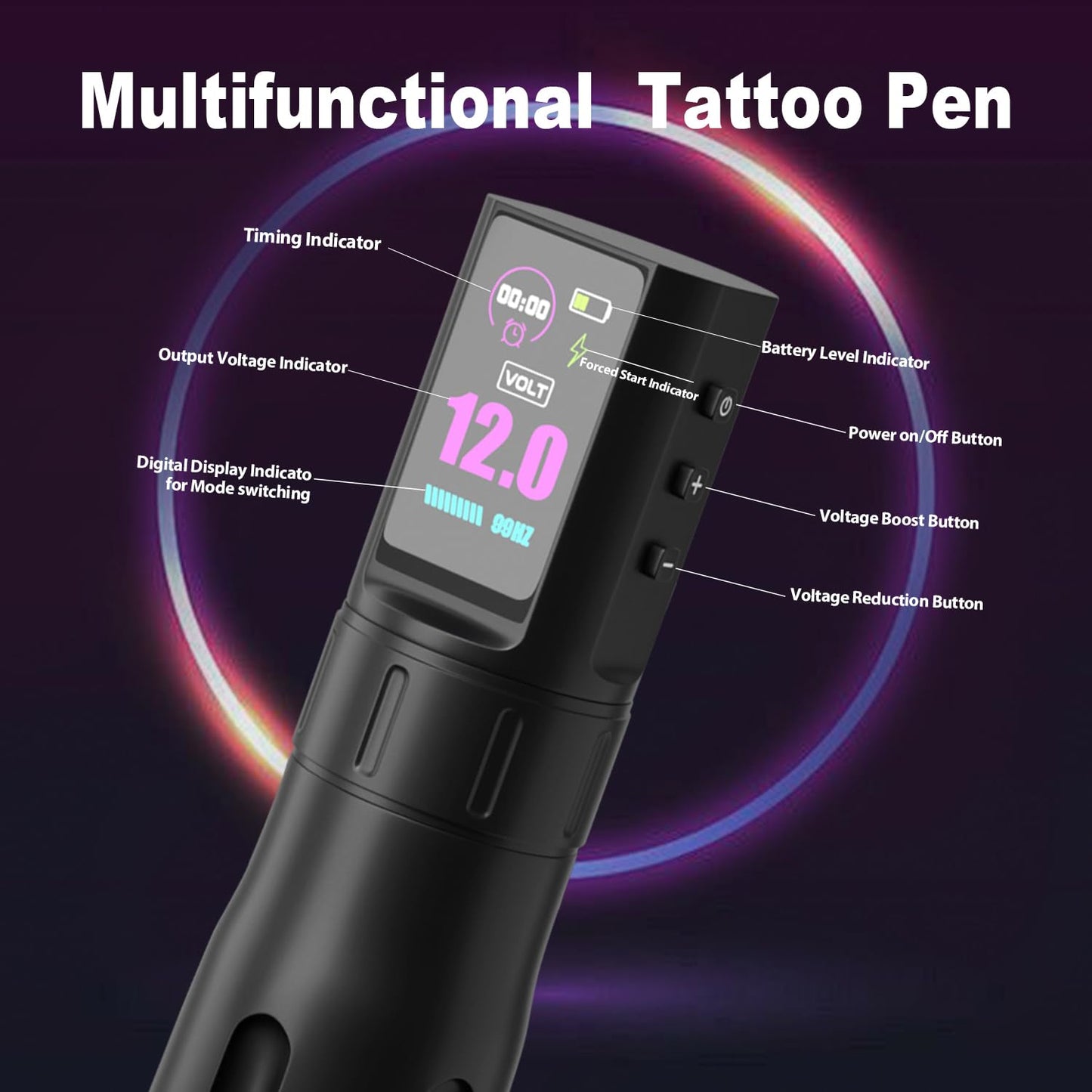 Wireless Tattoo Pen Kit with Large IPS Screen, 1800mAh Battery, 4-12V Adjustable, 20 Cartridges, Practice Inks & Accessories
