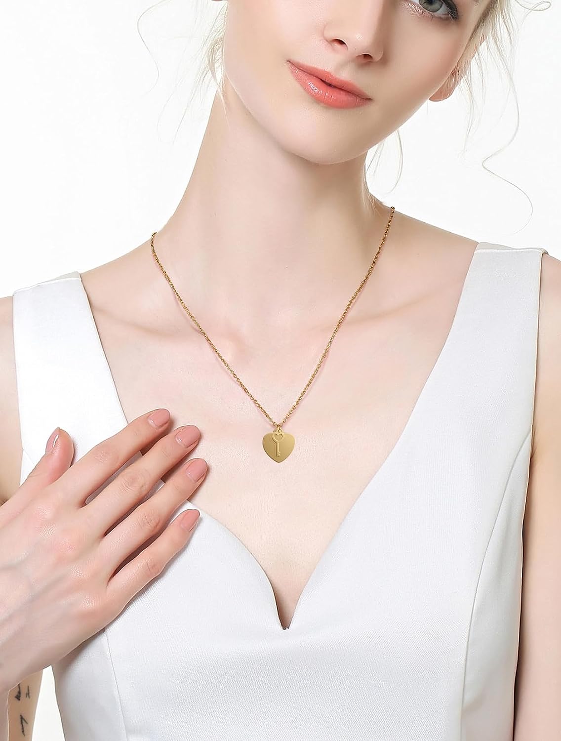 20"+2" 18K Gold Plated Heart Key Pendant Necklace w/ 18"+2" Choker