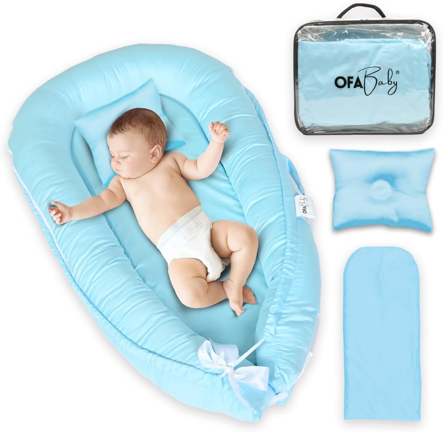 Baby Lounger Nest Pillow for 0-24 Months, Portable Foldable Baby Lounger with Soft Foam Mat, Removable Washable Cover, Blue