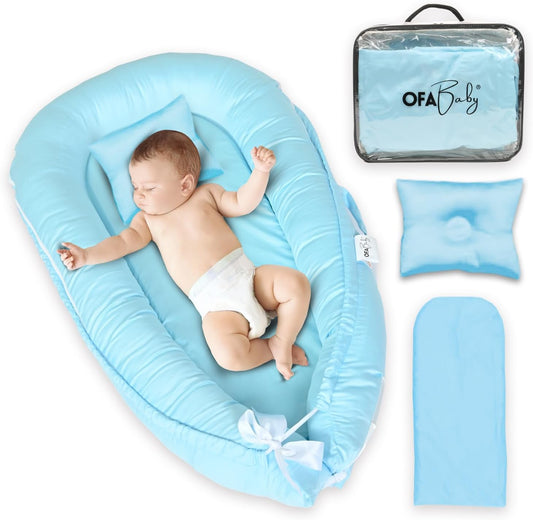 Baby Lounger Nest Pillow for 0-24 Months, Portable Foldable Baby Lounger with Soft Foam Mat, Removable Washable Cover, Blue
