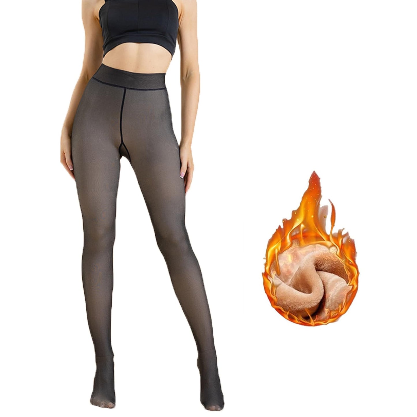 Plus Size (L-XL) Fleece Lined Sheer-Look Tights, Thermal Fake Translucent Pantyhose, High Waist 2.75 in/7 cm, 32–50°F/0–10°C, 7.8 oz/220 g